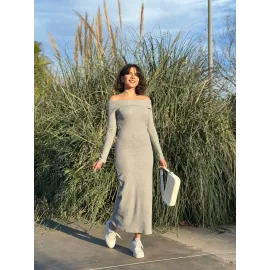 Madonna Yaka Uzun Elbise Şardonlu Kumaş Gri W3753 (Beden: M)