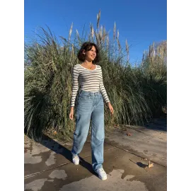 V Yaka Çizgili Bluz Beyaz A3699 (Beden: L)