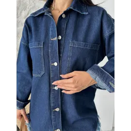 Cepli Püsküllü Kar Yıkama Kot Ceket Koyu Mavi D2515 (Beden: M)