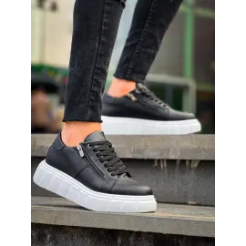 Kb-X155 Kuback Siyah Cilt Detaylı Beyaz Yüksek Taban Günlük Spor Ayakkabı (Numara: 43)