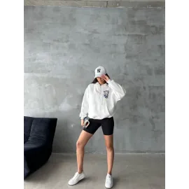 3 İplik Şardonlu Oversize Kafa Baskılı Sweat Beyaz (Beden: M)