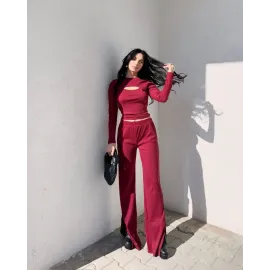 Pencereli Detaylı Alt Üst Takım Bordo W3864 (Beden: S)