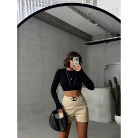 Tokalı Deri Şort H24444 Krem (Beden: M)