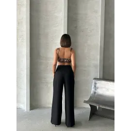 Pileli Keten Pantolon S255046 Siyah (Beden: S)