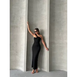 Krinkıl Tek Omuz Uzun Elbise Siyah S25455 (Beden: L)