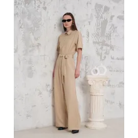 Kuşaklı Gömlek Yaka Salaş Tulum Bej S255822 (Beden: L)