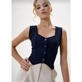 Krep Kumaş Düğmeli Yelek Lacivert S3395 (Beden: Xl)