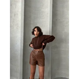 Beli Lastikli Çıtçıtlı Deri Şort Kahve W241007 (Beden: L)