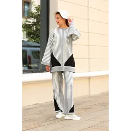 Çizgili Bisiklet Yaka Triko Takım Gri (Beden: Standart)