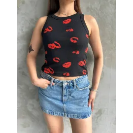 Öpücük Baskılı Bluz Siyah (Beden: Standart)