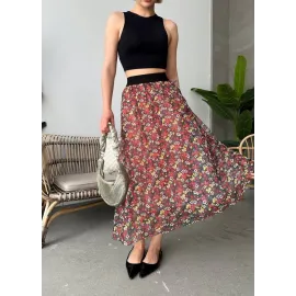 Baskılı Astarlı Uzun Etek Kırmızı (Beden: S)