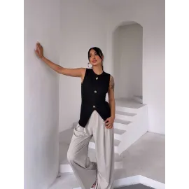 Kadın Siyah Bisiklet Yaka Gold Düğmeli Ottoman Bluz S2310 (Beden: S)