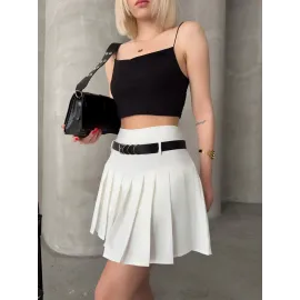 Kemerli Piliseli Şort Etek Beyaz S25305 (Beden: Xl)