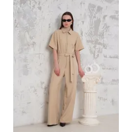 Kuşaklı Gömlek Yaka Salaş Tulum Bej S255822 (Beden: S)
