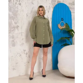 Relax Fit Keten Gömlek Haki S255349 (Beden: S)