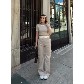Crop Pantolon Biyeli Takım Bej (Beden: M)