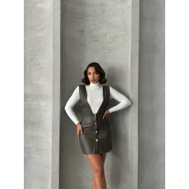 Deri Jile Elbise Haki W24796 (Beden: M)