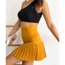 Altı Pliseli Mini Etek Hardal S24705 (Beden: M)