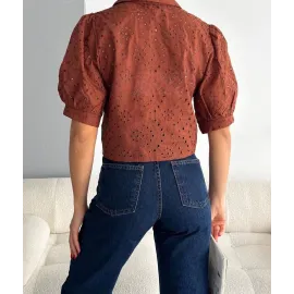 Brodeli Crop Gömlek S1023 Kahve (Beden: M)