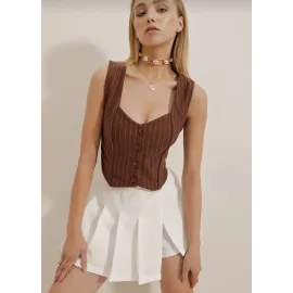 Çizgili Krep Düğmeli Yelek Kahve S3395 (Beden: Xl)
