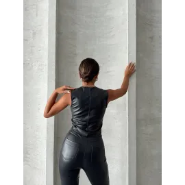 Kaplama Düğmeli Deri Yelek Siyah S24398 (Beden: M)