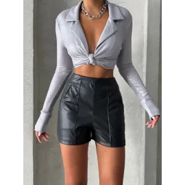 Parçalı Cepli Deri Şort Siyah W26312 (Beden: Xl)