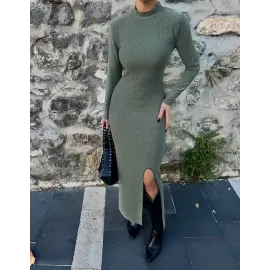 Yırtmaçlı Kalın Bürümcük Uzun Elbise Yeşil (Beden: M)