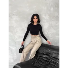 Kendinden İnce Kemerli Deri Pantolon Bej T1178 (Beden: L)