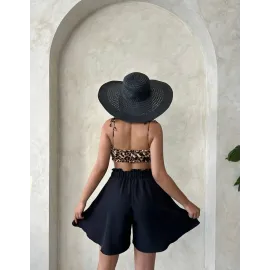 Volanlı Keten Şort Siyah S255058 (Beden: M)