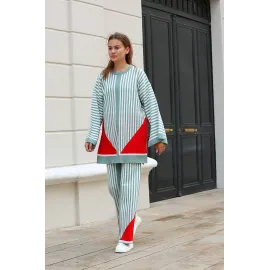 Çizgili Bisiklet Yaka Triko Takım Mint (Beden: Standart)