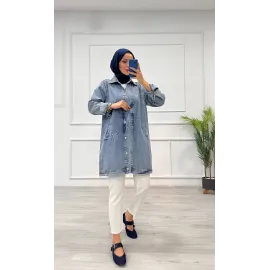 Taşlı Tunik Ceket Kar Yıkamalı Mavi D2516 (Beden: S/m)