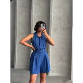 Yakalı Şort Tulum Mavi (Beden: S)