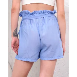 Kuşaklı Keten Şort Mavi S255265 (Beden: M)
