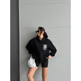 3 İplik Şardonlu Oversize Kafa Baskılı Sweat Siyah (Beden: S)