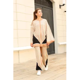 Çizgili Bisiklet Yaka Triko Takım Vizon (Beden: Standart)