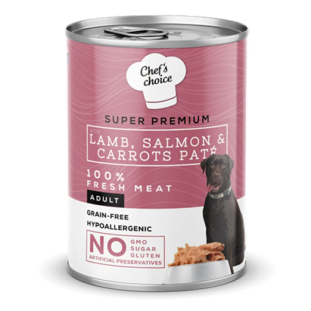 Chefs Choice 400 gr X 12 ADET  Yetişkin Köpekler İçin, Tahılsız, Hipoalerjenik, Kuzu Etli, Somon Balıklı Ve Havuçlu Ezme 