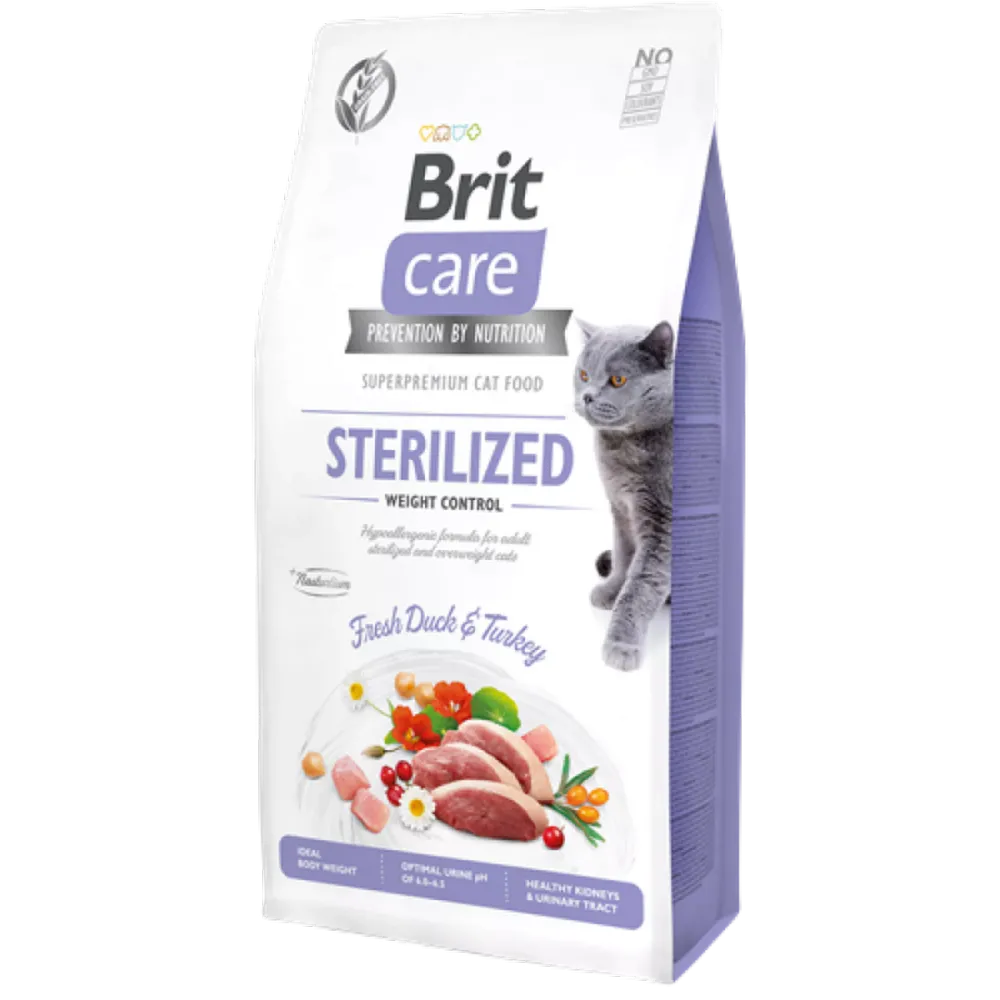 Brit Care 7 kg Kilo Kontrolü İhtiyacı Olan Kısırlaştırılmış Kediler İçin, Tahılsız, Hipoalerjenik, Taze Ördek Etli Ve Hindi Etli Kuru Mama 