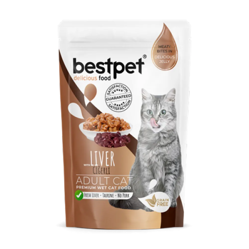 Bestpet 85 gr X 24 ADET Yetişkin Kediler İçin, Tahılsız, Jöle İçinde Ciğer Parça Etli Yaş Mama  