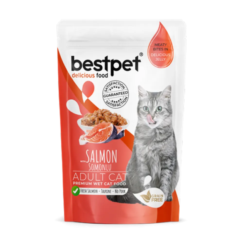 Bestpet 85 gr X 24 ADET Yetişkin Kediler İçin, Tahılsız, Jöle İçinde Somon Parça Etli Yaş Mama  