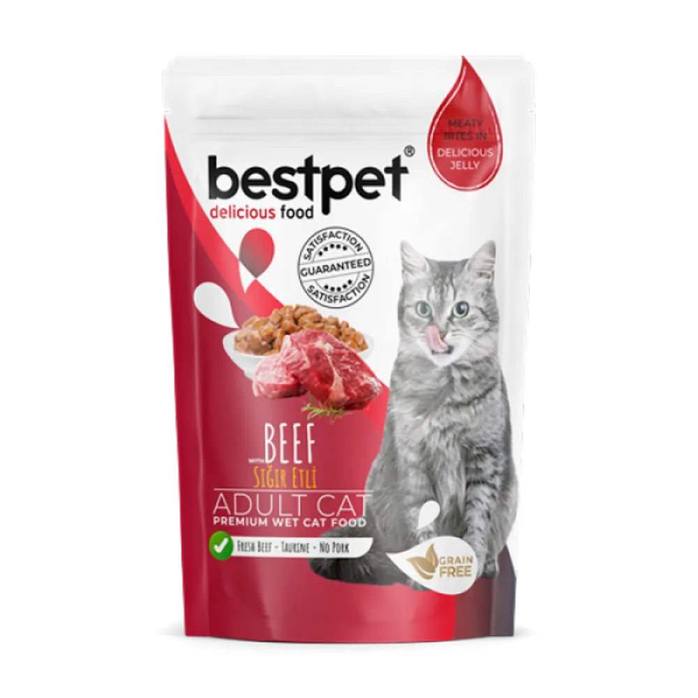 Bestpet 85 gr X 24 ADET Yetişkin Kediler İçin, Tahılsız, Jöle İçinde Sığır Parça Etli Yaş Mama  