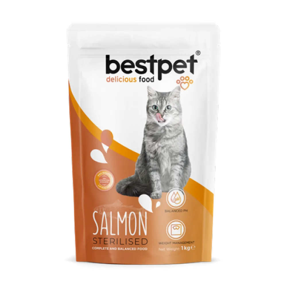Bestpet 1 kg X 10 ADET  Yetişkin Kısırlaştırılmış Kediler İçin Somonlu Kuru Mama 