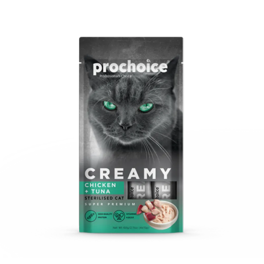 Prochoice 4x15 gr X 12 ADET Creamy Kısırlaştırılmış Kediler İçin Tavuklu ve Tuna Balıklı Sıvı Ödül Maması 
