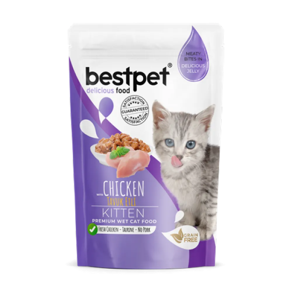 Bestpet 85 gr X 24 ADET Yavru Kediler İçin, Tahılsız, Jöle İçinde Tavuk Parça Etli Yaş Mama  