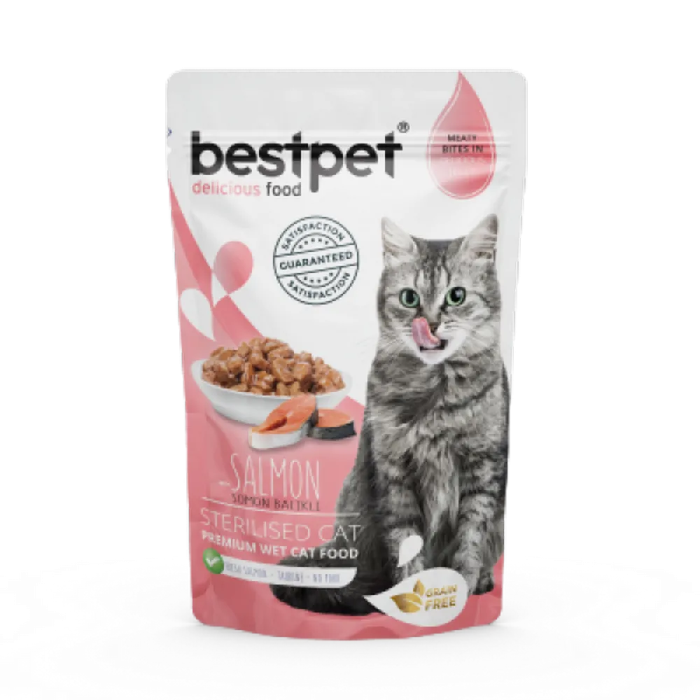 Bestpet 85 gr X 24 ADET Kısırlaştırılmış Kediler İçin Tahılsız, Jöle İçinde Somon Parça Etli Yaş Mama 