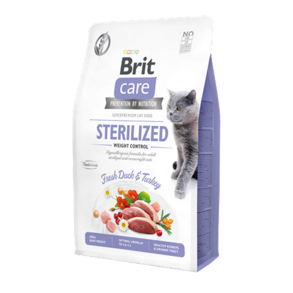 Brit Care 2 kg Kilo Kontrolü İhtiyacı Olan Kısırlaştırılmış Kediler İçin, Tahılsız, Hipoalerjenik, Taze Ördek Etli Ve Hindi Etli Kuru Mama 