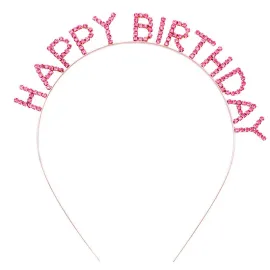 Pembe Renk Kristal Taşlı Gold Renk Kaplama Happy Birthday Taç 16X17 Cm