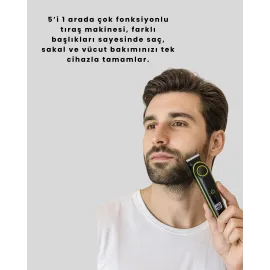 Uzun Pil Ömürlü LED Göstergeli Erkek Bakım Seti 5-in-1 Saç Sakal Tıraş Makinesi