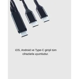 3’ü 1 Arada Hızlı Şarj Kablosu iOS Android Type-C Uyumlu ve Dayanıklı