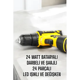Çift Bataryalı Metal Dişli Darbeli Şarjlı Matkap Seti 24W Güç ve 24 Parça Aksesuar
