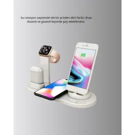 Apple Uyumlu Kablosuz Şarj İstasyonu 4 Cihaz Destekli Ve Hızlı Şarjlı